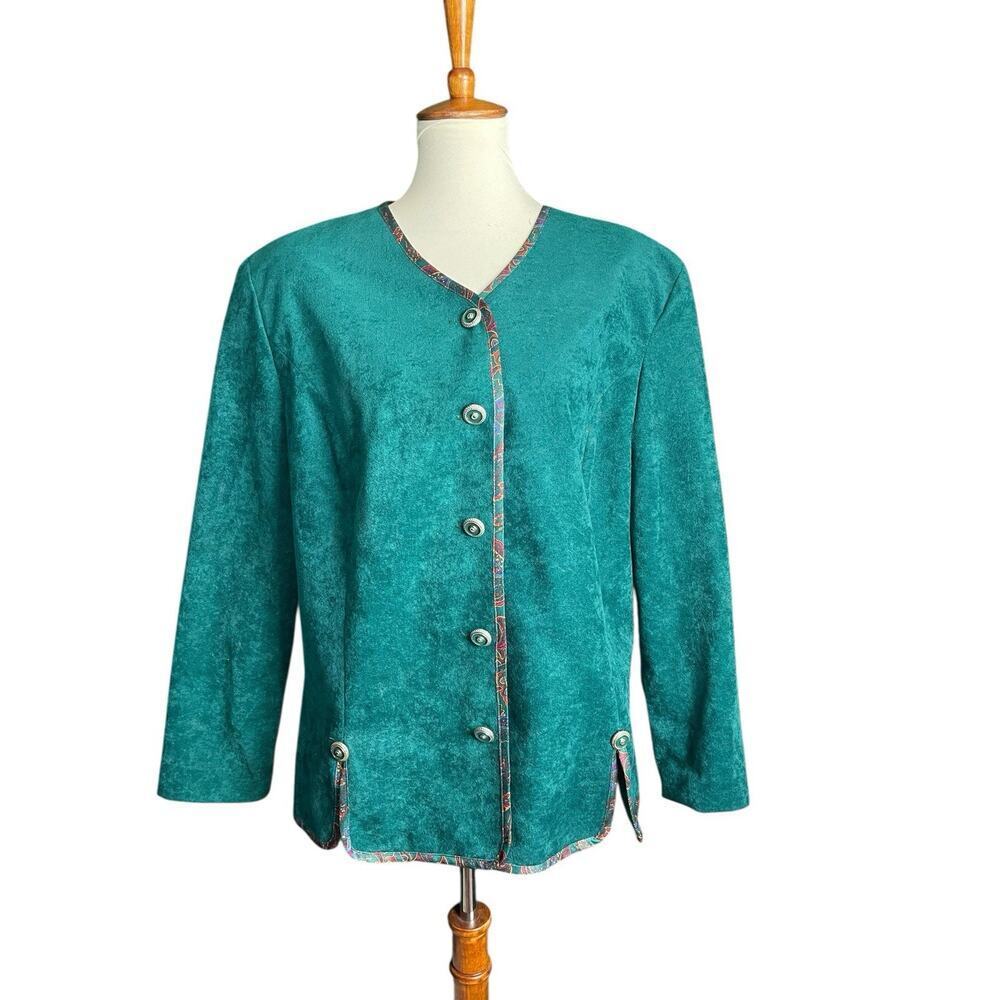 Pablo Collection Faux Suede Knit Blazer Women's 14 Button Up Green Paisley Trim - Picture 1 of 10